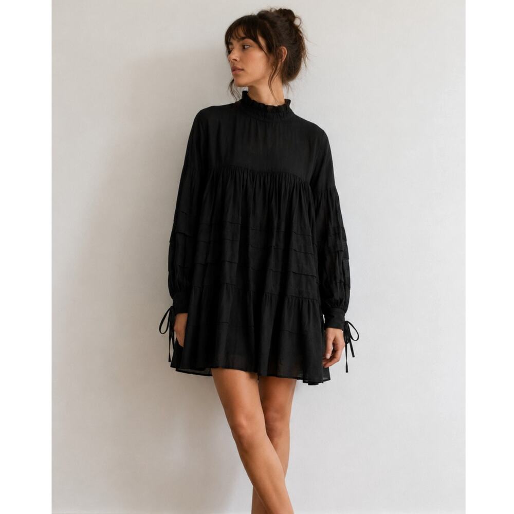 Beulah Style Black Boho Tiered Mini Dress Flowy Whimsigoth Coquette Goth- S/M